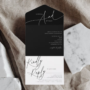 Invitación Todo En Uno Delicada caligrafía Boda negro Minimalista