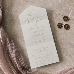 Invitación Todo En Uno Delicada caligrafía de oro Boda crema