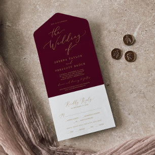 Invitación Todo En Uno Delicada caligrafía de oro Boda de Borgoña