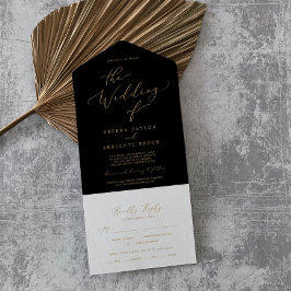 Invitación Todo En Uno Delicada caligrafía de oro | Boda negro