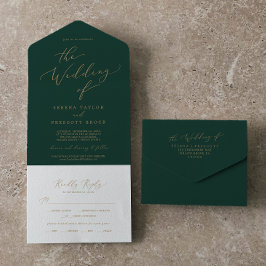 Invitación Todo En Uno Delicada caligrafía de oro | Boda verde