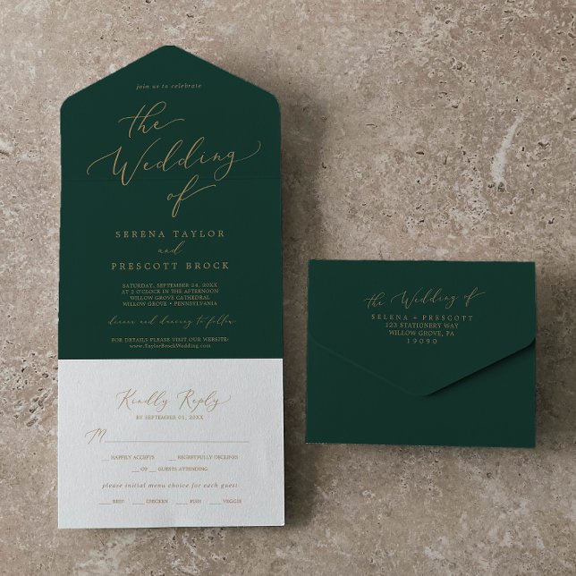 Invitación Todo En Uno Delicada caligrafía de oro | Boda verde (Subido por el creador)