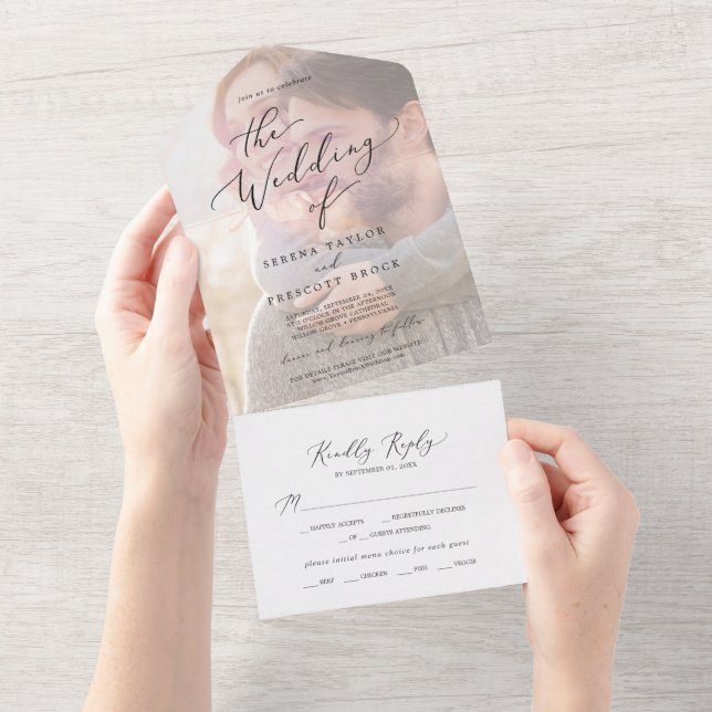 Invitación Todo En Uno Delicada caligrafía negra | Boda fotográfico (desgarro)