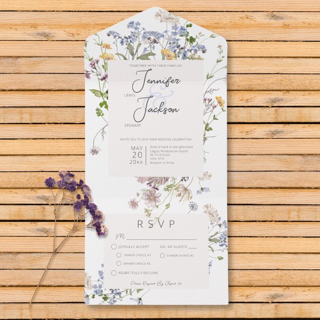 Invitación Todo En Uno Delicada cena blanca Boho Wildflowers (Delicate Boho Wildflowers White Dinner All In One Invitation)