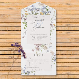 Invitación Todo En Uno Delicada cena blanca Boho Wildflowers