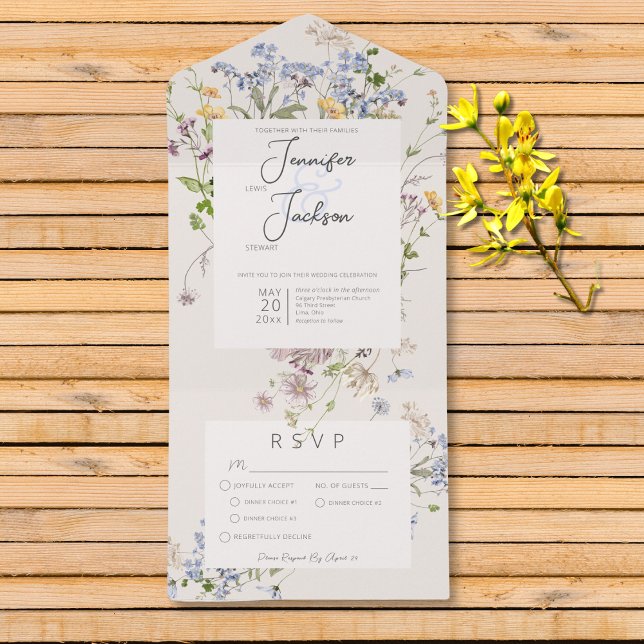 Invitación Todo En Uno Delicada cena de Boho Wildflowers Cream (Delicate Boho Wildflowers Cream No Dinner All In One Invitation)