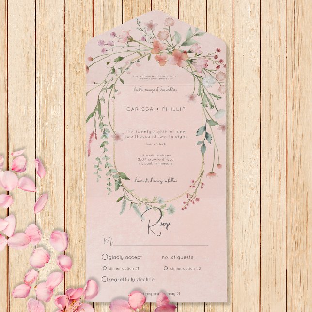 Invitación Todo En Uno Delicada cena de flores silvestres rusticas de Rub (Also available with a QR code or without dinner selection options.)