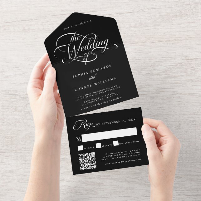 Invitación Todo En Uno Delicada elegancia Boda de guión negro (desgarro)