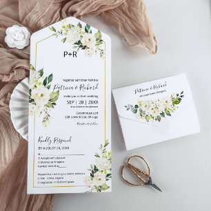 Invitación Todo En Uno Delicada Flor Blanca Crema Elegante Boda