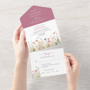 Invitación Todo En Uno Delicadas flores silvestres coloridas en tonos pas