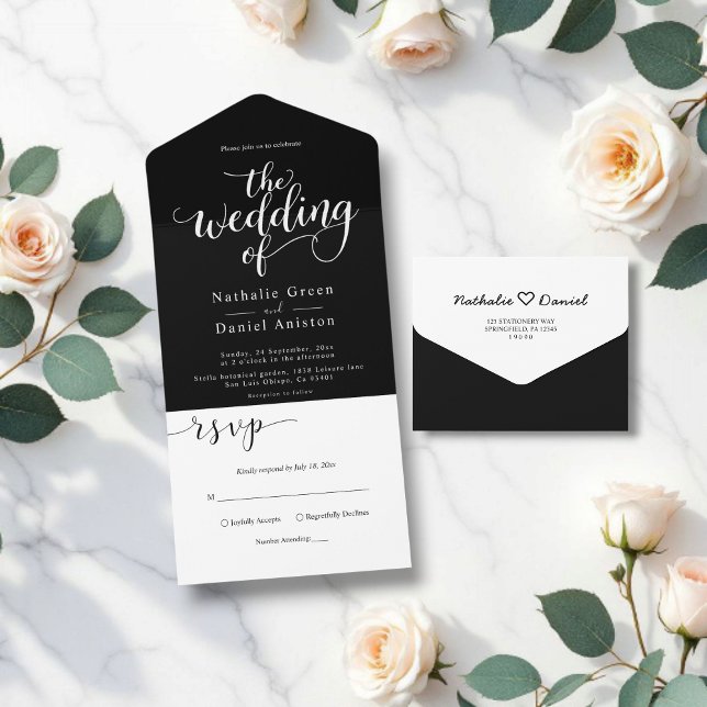 Invitación Todo En Uno Delicado Boda blanco y negro moderno (Subido por el creador)