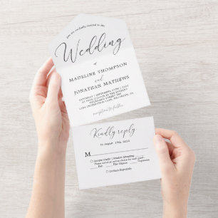 Invitación Todo En Uno Delicado Boda de caligrafía mínima blanca negra