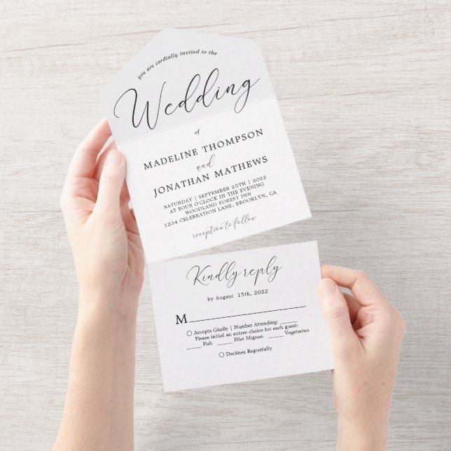 Invitación Todo En Uno Delicado Boda de caligrafía mínima blanca negra (desgarro)