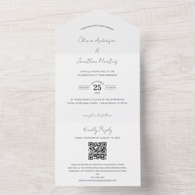 Invitación Todo En Uno Delicado Boda de fotos Código QR RSVP (Interior)