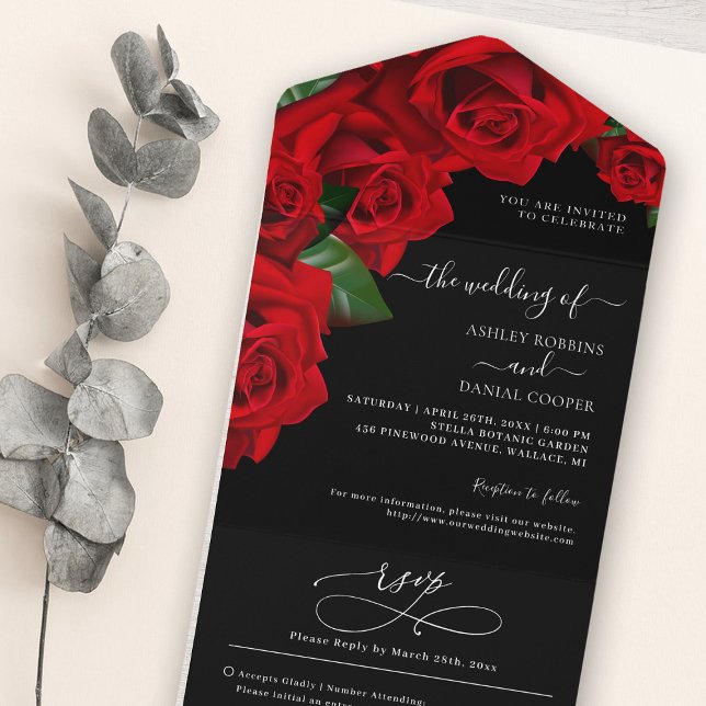 Invitación Todo En Uno Delicado Boda de Rosas de amor rojo (Subido por el creador)
