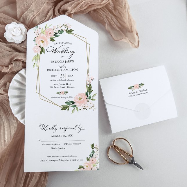 Invitación Todo En Uno Delicado Boda Geométrico Floral Rosa Rubor (Subido por el creador)