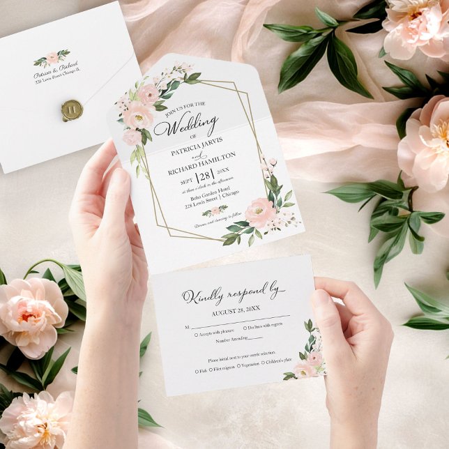 Invitación Todo En Uno Delicado Boda Geométrico Floral Rosa Rubor (Subido por el creador)