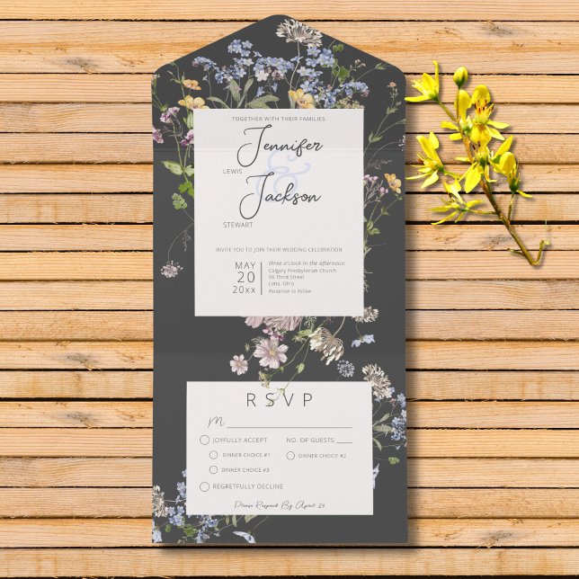 Invitación Todo En Uno Delicado Boho Wildflowers Cena de carbón vegetal (Delicate Boho Wildflowers Charcoal Wedding All In One Invitation with Dinner Options)