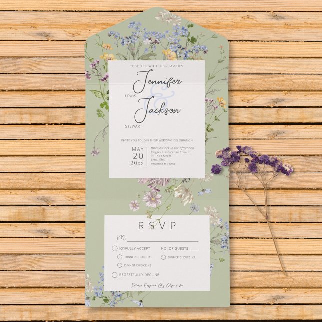 Invitación Todo En Uno Delicado Boho Wildflowers Cena Verde (Delicate Boho Wildflowers Sage Green Dinner All In One Invitation)