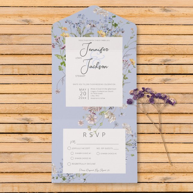 Invitación Todo En Uno Delicado Boho Wildflowers Periwinkle Dinner (Delicate Boho Wildflowers Periwinkle Dinner All In One Invitation)
