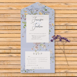 Invitación Todo En Uno Delicado Boho Wildflowers Periwinkle Dinner