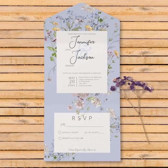 Invitación Todo En Uno Delicado Boho Wildflowers Periwinkle No Dinner (Delicate Boho Wildflowers Periwinkle No Dinner All In One Invitation)