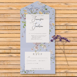 Invitación Todo En Uno Delicado Boho Wildflowers Periwinkle No Dinner