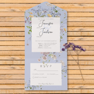 Invitación Todo En Uno Delicado Boho Wildflowers Periwinkle No Dinner