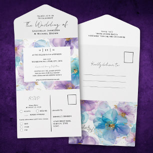 Invitación Todo En Uno Delicado Brillante Floral Azul Transparente de Bod
