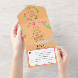 Invitación Todo En Uno Delicia Naranja Floral Verde Rosa Chic RSVP Bodas