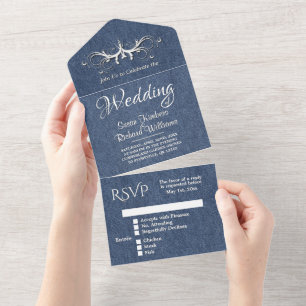 Invitación Todo En Uno Denim Azul y Blanco Tri Fold con Rsvp