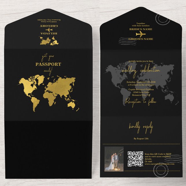 Invitación Todo En Uno Destination Wedding World Passport Black Gold (Destination Wedding World Passport Black Gold All In One Invitation)