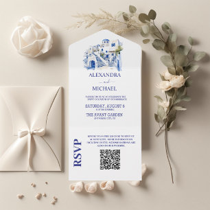 Invitación Todo En Uno Destino del código Qr Grecia Boda Santorini