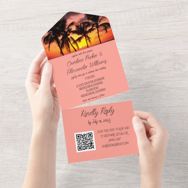 Invitación Todo En Uno Destino Tropical Beach Elegante RSVP Código QR (desgarro)