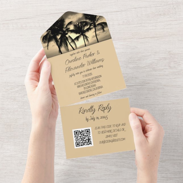 Invitación Todo En Uno Destino Tropical Beach Elegante RSVP Código QR A (desgarro)