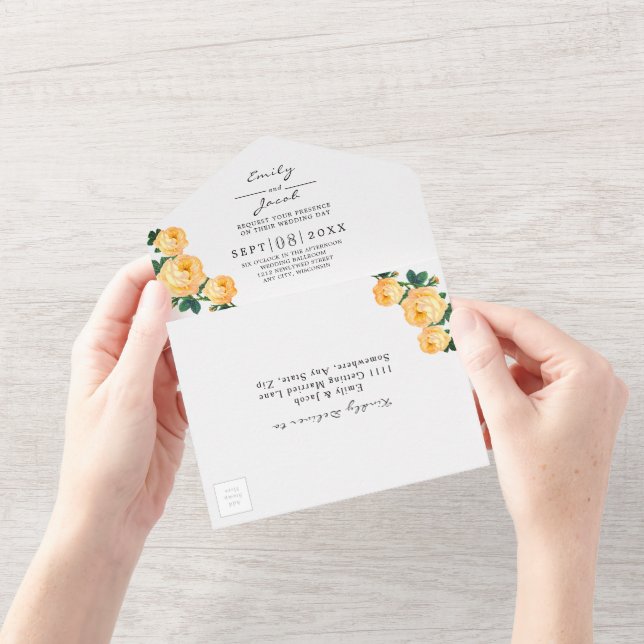 Invitación Todo En Uno Detalle de boda floral naranja geométrico con bril (Apertura)