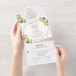 Invitación Todo En Uno Detalles de boda de flores amarillas geo con brill