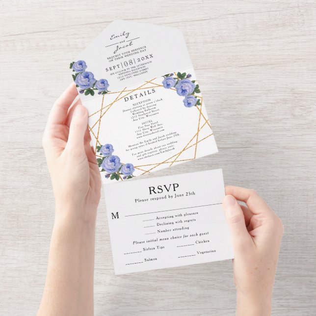 Invitación Todo En Uno Detalles de boda de flores azules geométricas con  (desgarro)
