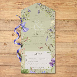 Invitación Todo En Uno Detalles de color blanco del sabio de lavanda rúst