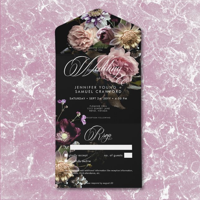 Invitación Todo En Uno Detalles de la floral negra oscura Moody Pastel Op (Dark Moody Pastel Opulent Black Floral Details All In One Invitation)