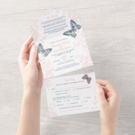 Invitación Todo En Uno detalles de mariposas de coral y comida RSVP