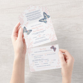 Invitación Todo En Uno detalles de mariposas de coral y comida RSVP