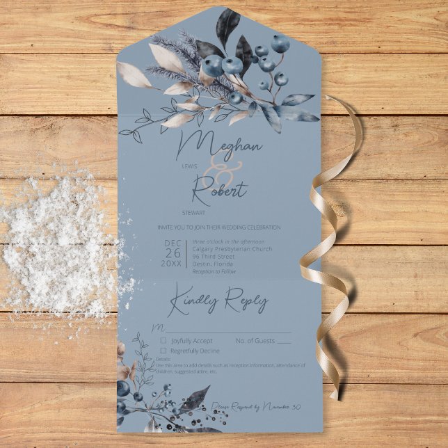 Invitación Todo En Uno Detalles del azul del invierno azul rustico (Rustic Blue Winter Foliage Blue Details All In One Invitation)