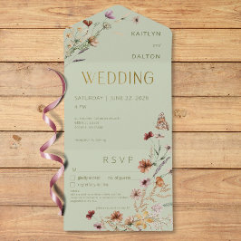 Invitación Todo En Uno Detalles del Bouquet de Flor Silvestre Verde Masaj