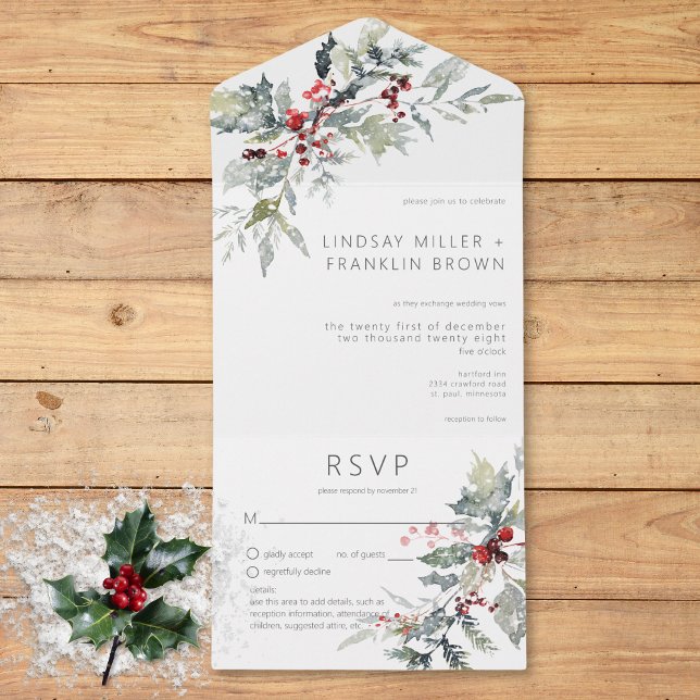 Invitación Todo En Uno Detalles del invierno ruso Holly Berries y Nieve (Rustic Winter Holly Berries & Snow Details All In One Invitation)