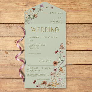 Invitación Todo En Uno Detalles del ramo de flores silvestres verde salvi