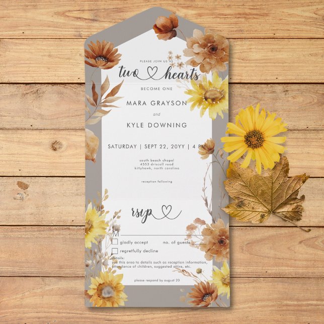 Invitación Todo En Uno Detalles rusos del otoño del girasol y blanco (Rustic Autumn Sunflower Taupe & White Details All In One Invitation)
