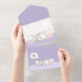 Invitación Todo En Uno Dibujo animado de saludo de gatos kawaii pastel