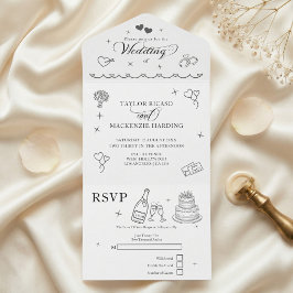 Invitación Todo En Uno Dibujos Caprichosos de Boda Grises y Blancos