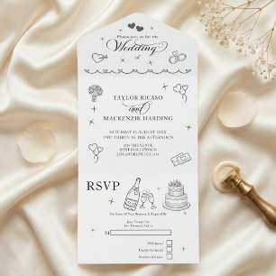 Invitación Todo En Uno Dibujos Caprichosos de Boda Grises y Blancos
